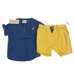 First Impressions Toddler 6 - 9 Months 2 pc Blue Shirt Yellow Shorts Set Cotton
